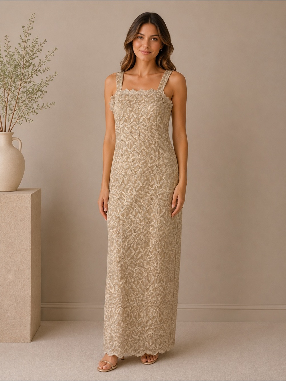 Vintage Magic Formals Moms XL Champagne Lace Sequin Evening Gown Mother Bride